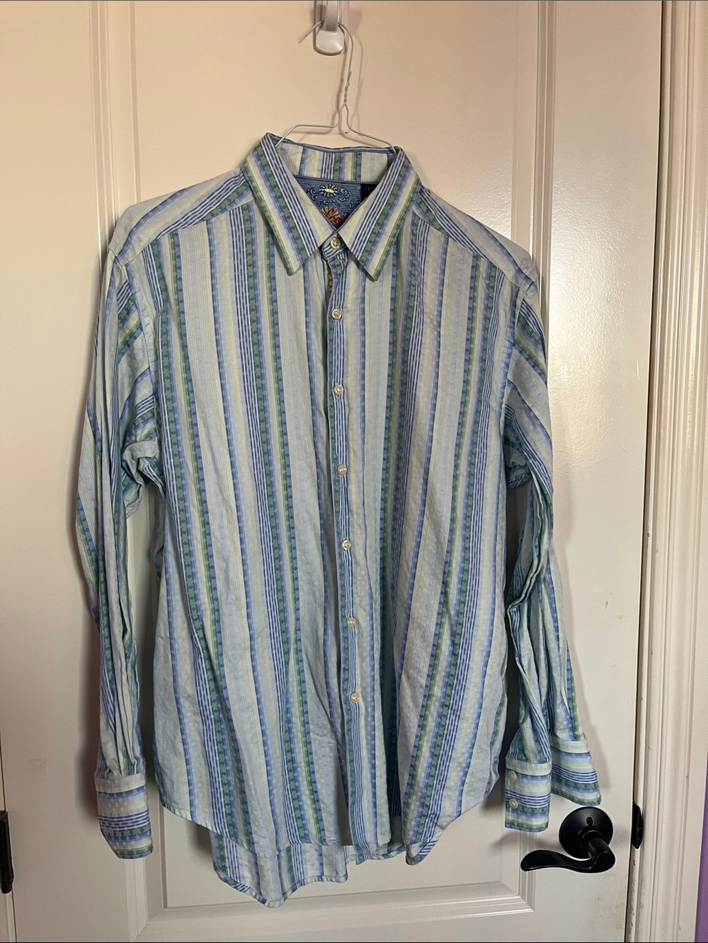 Robert Graham Striped Button-Down in Light Blue & Green Size L